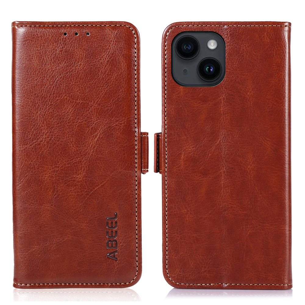 ABEEL til iPhone 15 Anti-Støv PU læder pung telefonetui Crazy Horse Texture Drop-proof cover med stativ ABEEL til iPhone 15 Anti-Støv PU læder pung telefonetui Crazy Horse Texture Drop-proof cover med stativ